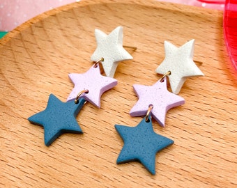 80s Retro Star Dangle Earrings: Handmade Polymer Clay