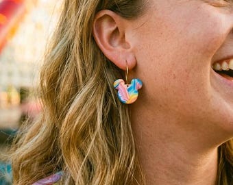Rainbow Mouse Hoop Earrings, Theme Park Vacation Earrings, Colorful Dangle Handmade Polymer Clay, Mouse Ear Earrings, Pride Earrings