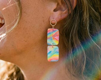 Colorful Rainbow Earrings, Colorful Statement Earrings, Pride Dangle Earrings, Retro 80's Party Earrings, Lightweight Jewelry