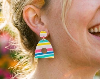 90's Striped Earrings, Colorful Statement Earrings, Fun Dangle Earrings, Unique Gift for Her Under 30, Nautical Vacation Earrings