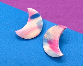 Hand-Painted Moon Stud Earrings: 80s Celestial Jewelry