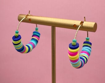 Colorful Heishi Bead Hoop Earrings: Handmade Polymer Clay Jewelry