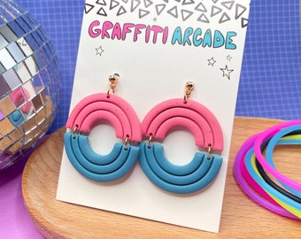 Colorblock Polymer Clay Dangle Earrings: Pink and Blue Statement Jewelry