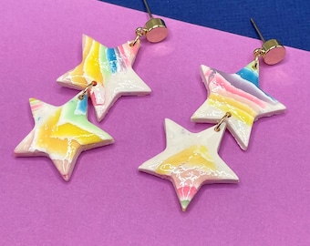 Rainbow Star Earrings, Dangly Earrings, Lightweight Statement Earrings, Unique Gift, Pride Earrings, Celestial Jewelry, Dangle Star Earrings