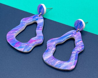 Handmade Abstract Polymer Clay Dangle Earrings: 80s Retro Style