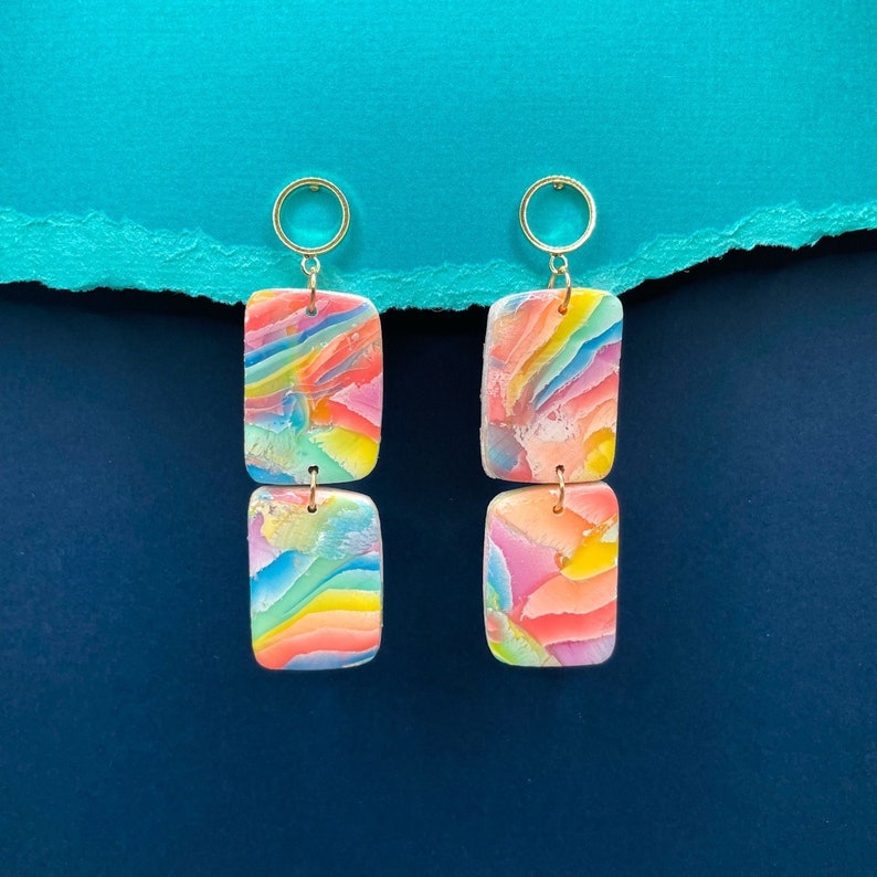 Colorful Rainbow Earrings, Bright Dangle Earrings, Color Lover Gift for Her Under 30, Gift for Teen, Earrings 80s Inspired Rainbow Jewelry image 1