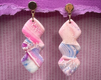Pink Marble Dangle Earrings: 80s Polymer Clay Statement Jewelry