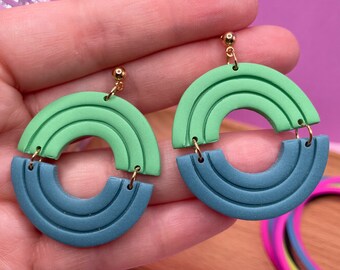Colorblock Polymer Clay Dangle Earrings: Green and Teal Arches