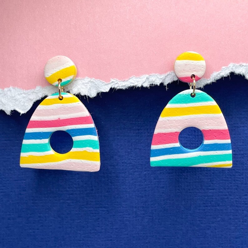 Striped Earrings, Colorful 90s Earrings, Vacation Earrings, Nautical Earrings, Womens Gift for Her, Gift for Teen Girl Gift, Modern Earrings image 1