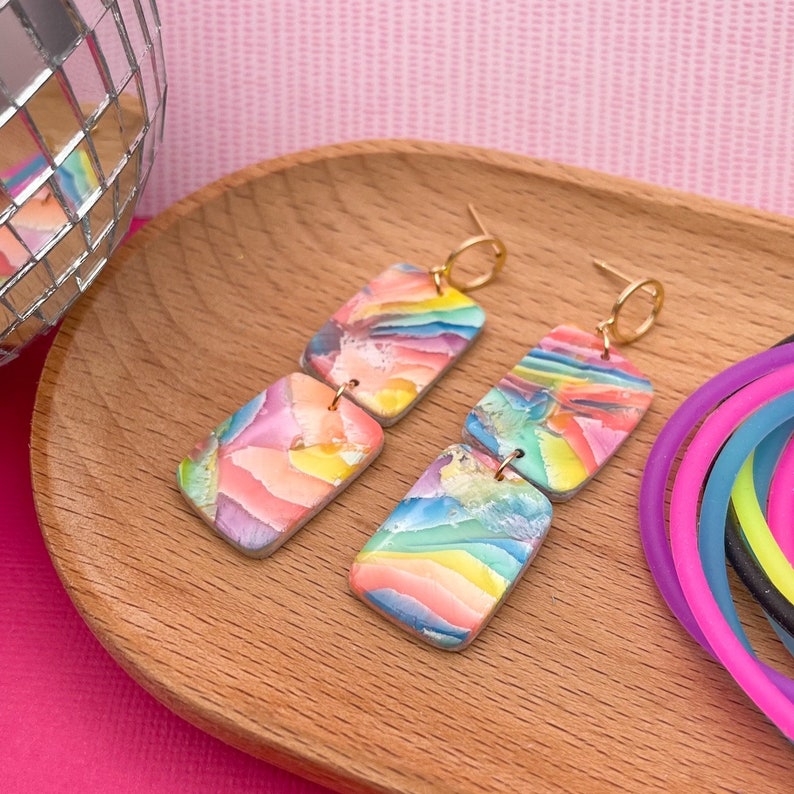 Colorful Rainbow Earrings, Bright Dangle Earrings, Color Lover Gift for Her Under 30, Gift for Teen, Earrings 80s Inspired Rainbow Jewelry image 4