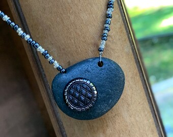 Asymmetrical Maine beach stone pendant with vintage black and silver glass button beaded chain sterling rolo chain silver lobster clasp