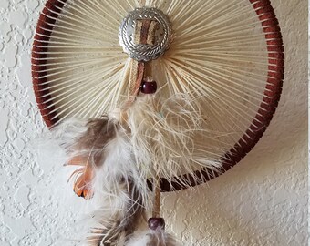 2045 - 5" Brown Leather Wrapped Ring with Beige and Brown Feathers