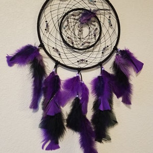 3015 - Double Ringed Dreamcatcher with Black Leather Wrapped Rings with Black/Purple/Silver Beads and Black/Purple Feathers