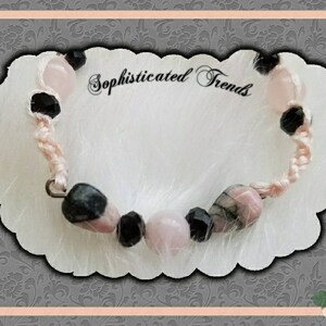 B1080 - Pink Rhodonite and Rose Quartz Adjustable Spiral Macrame Braided Bracelet/Anklet
