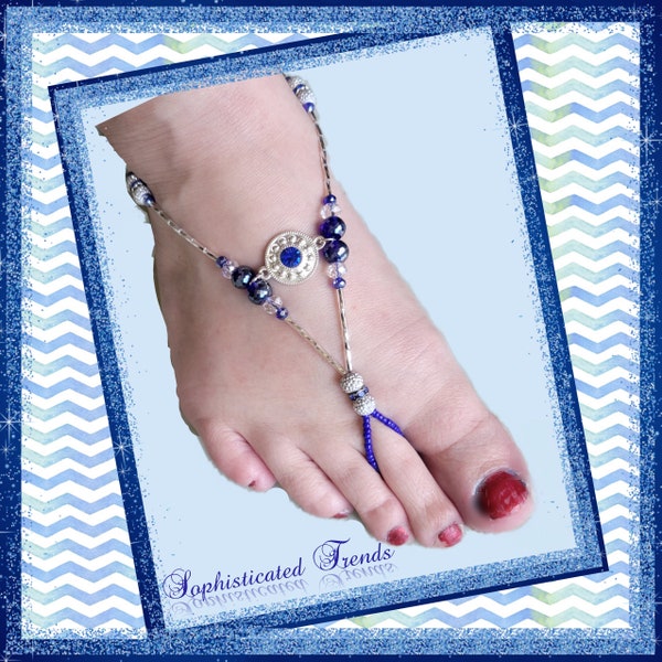 S1015 - Beautiful Cobalt Blue and Silver Barefoot Sandals - Beaded Foot Jewelry - Wedding - Beach Sandals