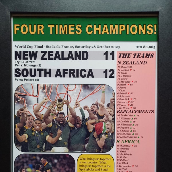 New Zealand 11 South Africa 12 - 2023 Rugby World Cup final - souvenir print