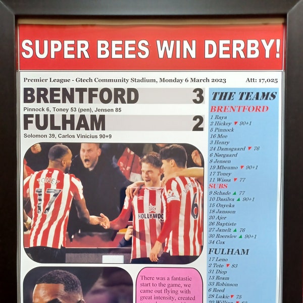 Brentford 3 Fulham 2 - Premier League 2023 - impresión de recuerdo