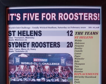 St Helens 12 Sydney Roosters 20 - 2020 World Club Challenge - souvenir print