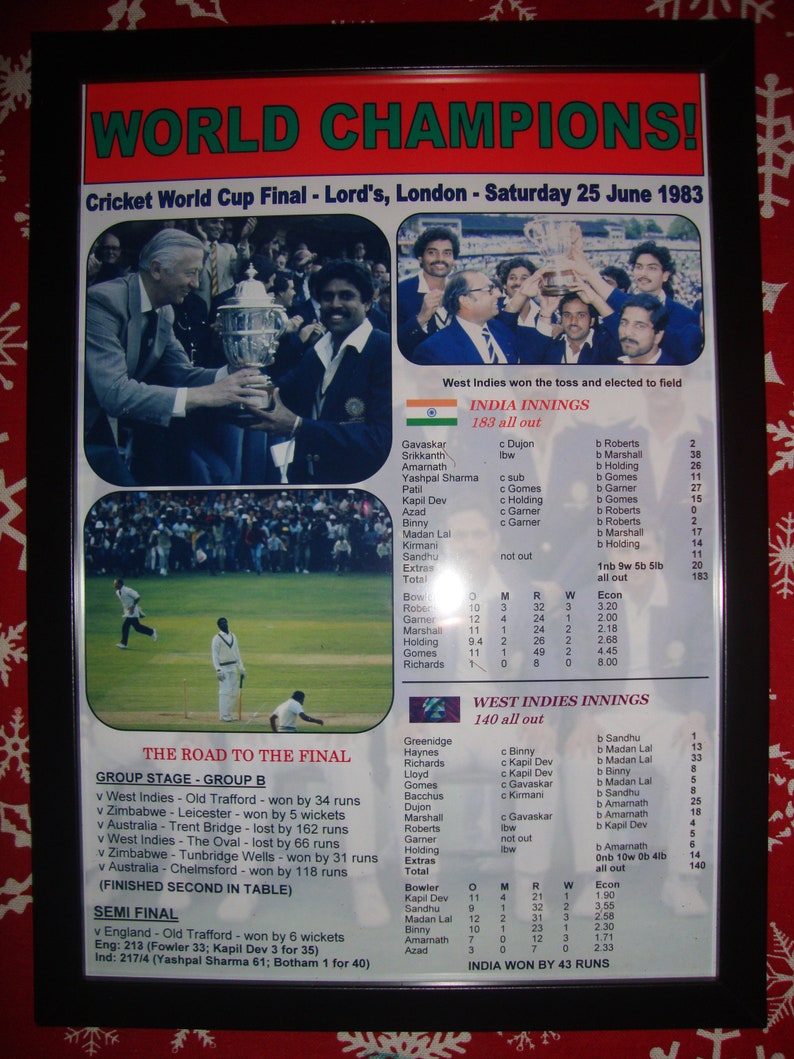 India 1983 ICC Cricket World Cup Winners Souvenir Print Etsy