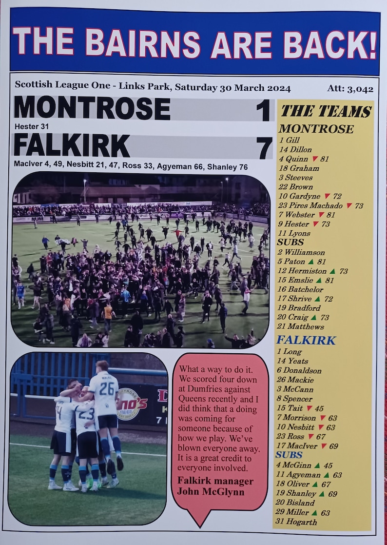 Montrose 1 Falkirk 7 2024 Scottish League One Falkirk champions souvenir print image 2