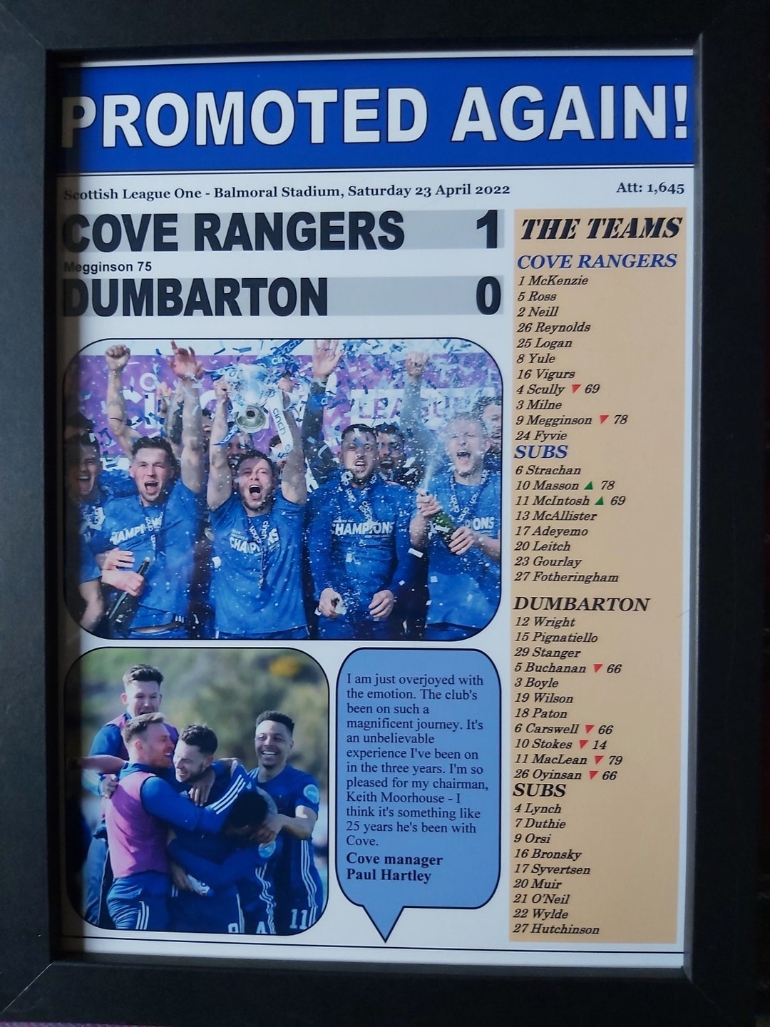 Cove Rangers 1 Dumbarton 0 2022 Scottish League One Souvenir Print Etsy