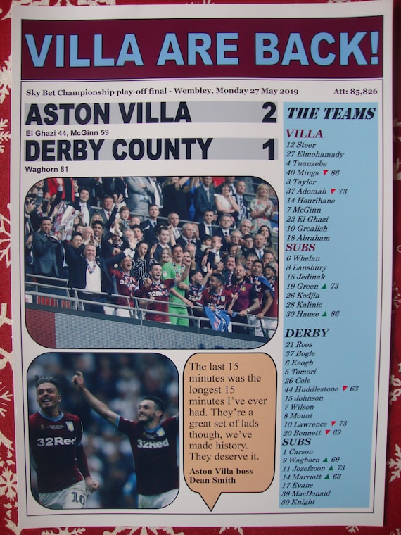 Aston Villa 2 Derby County 1-2019 Championship play-off final souvenir print 