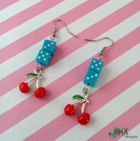 Items similar to Rockabilly Dice and Cherry Hook Earrings on Etsy