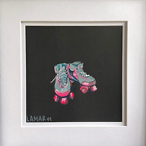 Pink And Blue Roller Skates Derby Art Original Still Life Gouache Painting