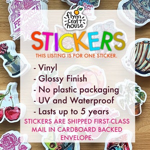 Op de afbeelding: Een verzameling kleurrijke vinyl stickers met verschillende ontwerpen, waaronder een cactus, een kers, een roos en een schedel. De stickers zijn glanzend en waterdicht, en worden per eerste klas post verzonden in een envelop met een kartonnen achterkant. Deze aanbieding is voor &eacute;&eacute;n sticker.