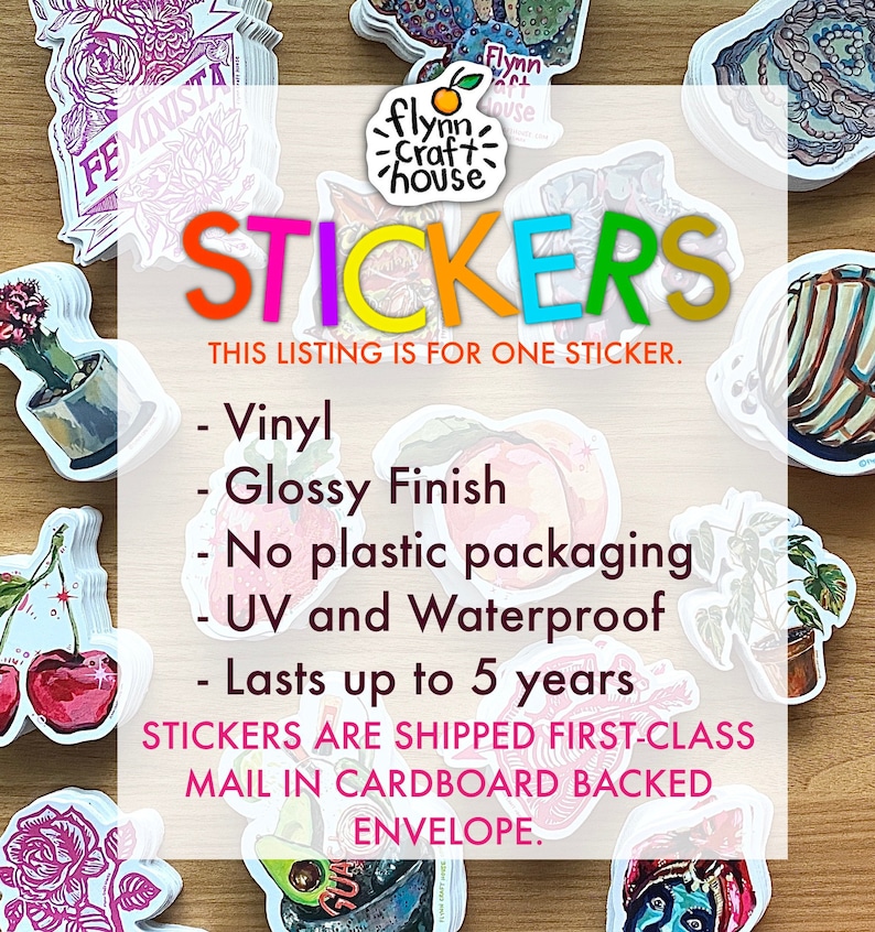 Op de afbeelding: Een verzameling kleurrijke vinyl stickers met verschillende ontwerpen, waaronder een cactus, een kers, een roos en een schedel. De stickers zijn glanzend en waterdicht, en worden per eerste klas post verzonden in een envelop met een kartonnen achterkant. Deze aanbieding is voor &eacute;&eacute;n sticker.