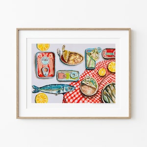 Stampa vintage di picnic con pesce / Poster di natura morta / Stampa di pesce in scatola / Illustrazione di cibo pop art / Stampa artistica di sardine