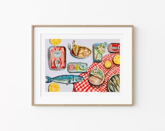 Vintage sardines picknick print: stilleven eten illustratie