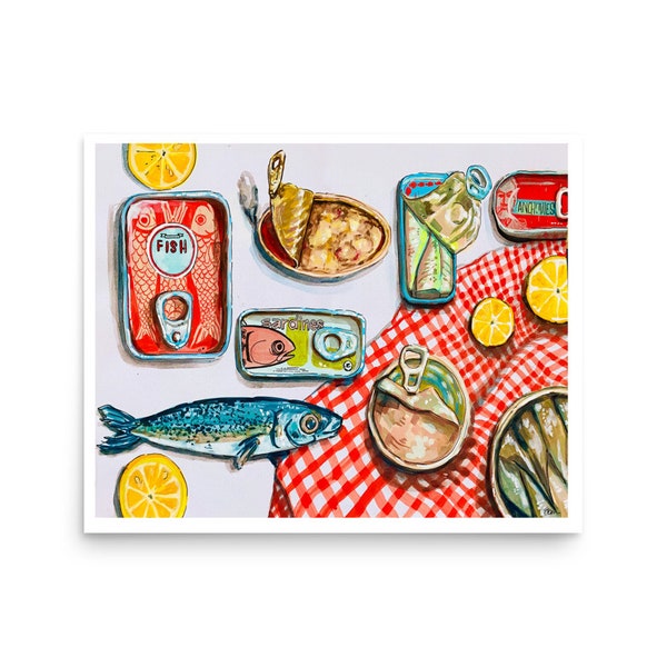 Vintage Fish Picnic Print | Still Life Painting Poster | Tinned Fish Print | Pop Art Food Illustration | Sardines Art Print