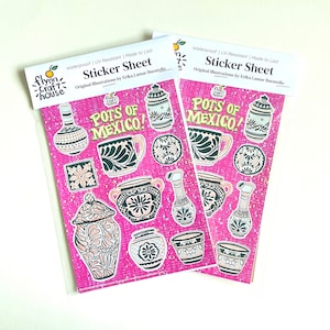 May include: Two sticker sheets with a pink background and colorful illustrations of Mexican pottery. The sticker sheets are labeled "Pots of Mexico!" and feature a variety of pots, jars, and vases with intricate designs.