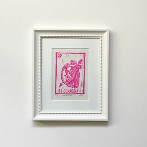 Mexican Art / Loteria / Corazon Heart Limited Edition El Corazon Hot Pink or Black Loteria Block Print