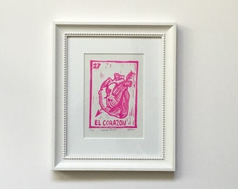 Mexican Art / Loteria / Corazon Heart Limited Edition El Corazon Hot Pink or Black Loteria Block Print