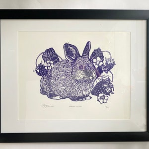 Baby Bunny Strawberry Artwork Original Artists Block Print/ Limited Edition Block Print Artwork on Cotton Paper