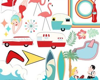 Summer Clip-Art, kitsch retro graphics, Illustrations, scrapbooking card making flamingos pool swimmer waves surf , 50's CU INSTANT DOWNLOAD