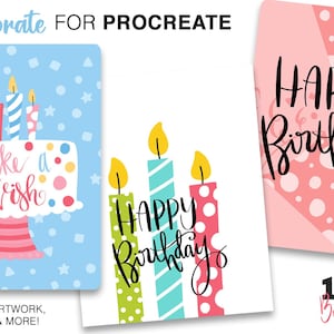 May include: A set of 110 Procreate brushes for creating birthday cards and artwork. The brushes feature colourful candles, a cake with the text "Make a Wish", and a pink background with the text "Happy Birthday".