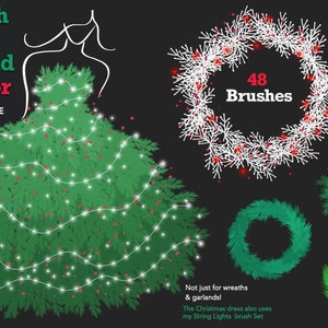 Op de afbeelding: Een set van 48 Procreate-penselen voor het maken van kransen en guirlandes. De penselen zijn ontworpen om er realistisch uitziende groene planten, bessen en lichten mee te maken. De afbeelding toont een kerstboom die versierd is met lichten en een krans die gemaakt is met de penselen.