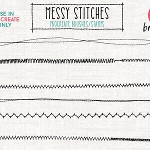 May include: A set of 13 Procreate brushes for creating messy stitch effects. The brushes are designed to look like hand-drawn stitches, with a variety of different styles and sizes. The text "MESSY STITCHES" and "PROCREATE BRUSHES/STAMPS" is included in the image.