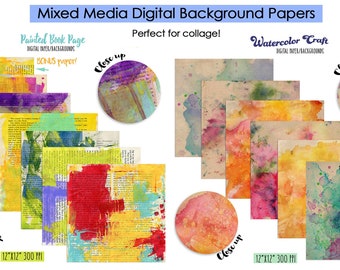 Mixed Media Collage Digital Backgrounds | Watercolor Texture | Old Book Pages | Painted | Art Journaling | Scrapbooking | Planners  | CU