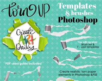 Torn Up Paper Templates for PS | Curled Paper | PS Brushes | Textured | Pdf Users Guide & Tutorial | Lettering | Mixed Media | PNG .abr .psd