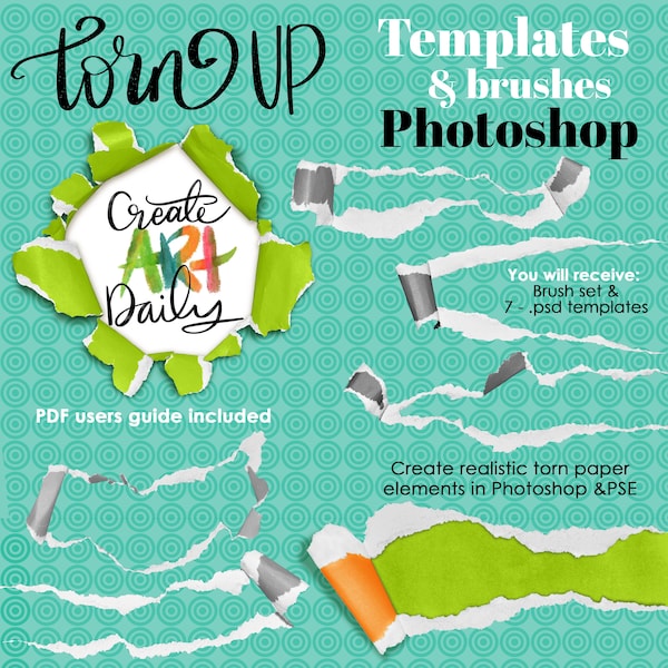 Modelli di carta strappata per PS / Carta arricciata / Pennelli PS / Texture / Guida utente e tutorial PDF / Lettering / Tecniche miste / PNG .abr.psd