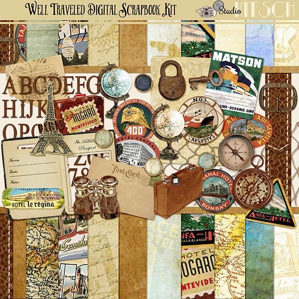 Well Traveled Digital Scrapbooking Kit  - Vintage Summer,  Holiday, Vacation, globe, passport, digital papers, old maps INSTANT DOWNLOAD