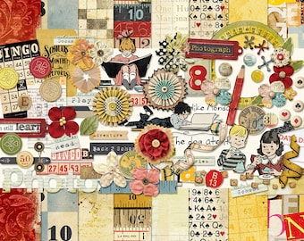 Retro School Digital Scrapbooking Kit, PU, S4H, Vintage School Children, INSTANT DOWNLOAD, Vintage Papers, Books, Rulers, Pencils, Crossword