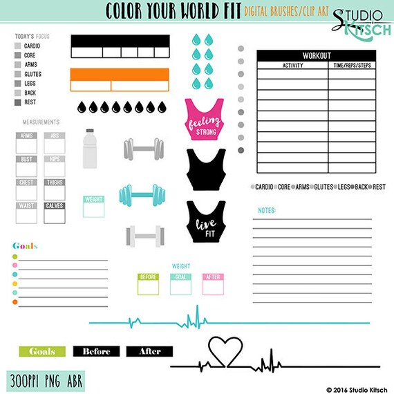 Fitness Planner Digital Stamps png .abr digital brushes Etsy