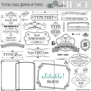 Vintage badges, banners, kaders, labels, bewerkbare tekst, kaarten, uitnodigingen, scrapbooking, CU, bruiloft, logosjablonen, PS & Procreate