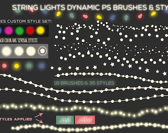 String Lights Dynamic Brushes & Layer Style Bundle, PS, PSE, CU, Lettering, Christmas, Wedding, Fairy Lights, Glowing, Digital Scrapbooking