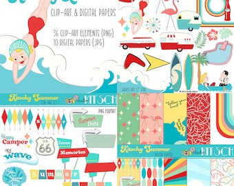 Retro Summer Clip-Art & Digital Paper Set | 1950s kitschy graphics | flamingos | pool | swimmer | waves surfing | Commercial Use